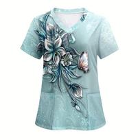 Scrub Medical Woman Floral Print Vet Nursing Tops For Woman 3D Flower Print Female Short Sleeve Summer Women's T-shirt Tee 2025 S