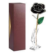 Long Stem Dipped 24k Gold Trim Red Rose In Gold Gift Box with stand (black rose with stand) gray