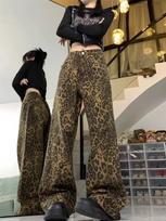 Moteriški vasariniai vintažiniai leopardinio rašto džinsai - Retro, hiphopo gatvės stilius, ploni tiesūs keliai XL black