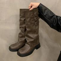 Žieminiai kaubojiški batai moterims, mada, diržo sagtis, ilgi batai, moteriški elegantiški kvadratinio kulno moteriški riterio bateliai 35 chaki