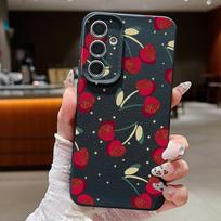 Raudonų vyšnių rašto plonas minkštas telefono dėklas Samsung S25 S24 FE S23 Ultra S22 S21 A56 A36 A16 A55 A26 A15 TPU odos tekstūros smūgiams atsparus matinis dangtelis Samsung S25 juoda