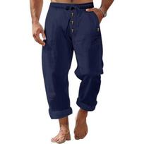 Men's Casual Linen Trousers Elastic Waist Drawstring Baggy Trousers Solid Color Loose Fit Summer Pants with Pockets for Beach Yoga Wear S tamsiai mėlyna spalva
