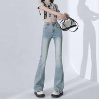 Light American Style Micro-flare Jeans for Women In Spring New High-waist Slim Bell-flare Trousers XS