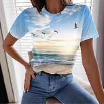 Summer Round Neck 3D Seaside Print Top Fashionable Casual Short Sleeved Women's T-shirts S