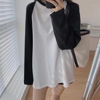 Pure Cotton Rag-shoulder Long-sleeved T-shirt for Women In Autumn Loose Casual Lazy Style Mid-length Black and White Contrasting Top S balta