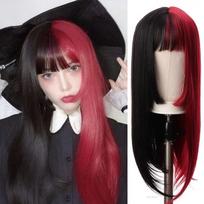 24 colių sintetiniai perukai moterims Hime kirpimo kirpčiukai su skeltu dažais raudona violetine Helovino vakarėlio Cosplay gaminiai Perukas, pusiau spalvotas 24inches gray