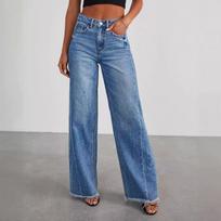 IHUASU Loose Wide-leg Side Seam Stitching Hem Jeans for Women Trousers S džinsinio mėlyna spalva