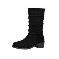 Women's Fur Suede Western Mid-calf Boots New  Fashion Pointed Thick Heel Short Boots Vintage Pleated Fashion Boots Women 2024 35 juoda