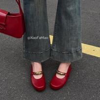 One-word buckle hand grab red Mary Jane single shoes spring 2025 new versatile shallow mouth flat-soled single shoes 35 raudona