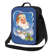 Christmas Retro Santa Claus Thermal Lunch Bags Jolly Santa Happy Holidays Resuable Lunch Container for Outdoor Bento Food Box 26.5x20x11.5CM smėlis