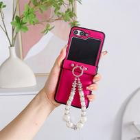 Leather Cover with Glitter Pearl Wrist Chain Strap Bracelet For Samsung Galaxy Z Flip 6 5 4 3 Hard Hinge Protective Phone Case Galaxy Z Flip 5