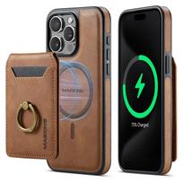 Nuimamas 2-in-1 magnetinis piniginės dėklas su kortelių kišene iPhone 16 Pro Max 15 14 Plus 13 12, su žiediniu laikikliu, suderinamas su MagSafe iPhone 13 gray