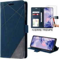 Coque Rabat pour Xiaomi Mi 11 Lite, Protection Synthécuir Bleu Marine et 2 Verres Trempés