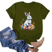 Women's Easter Bunny Print Neck Short Sleeve T-Shirt Top L armijos žalia spalva