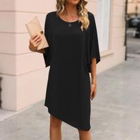 Women's Solid Color Summer Quarter Sleeve Irregular Skirt Casual Loose Mid-Length Dress L juoda