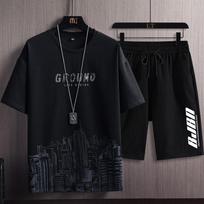 Men's Summer Snow Mountain Print Slim Sports Two-Piece Set - Short Sleeve T-shirt & Shorts 3XL