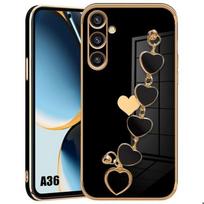 Dėklas Samsung Galaxy A36 5G, Minkštas silikoninis su širdelės raštu, Atsparus įbrėžimams, su juodu dirželiu juoda