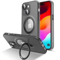 Case for iPhone 15, Shockproof Anti-Scratch Rigid with Rotating Magnetic Stand and Camera Protection - Translucent Black juoda