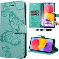Case - Samsung - Galaxy M13 4G/M23 5G - Green Leather Effect - Butterfly Pattern - 2 Tempered Glasses žalia