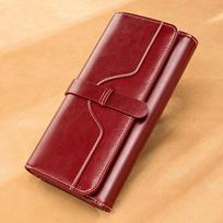 Oil Wax Genuine Leather Wallet Woman Large Capacity Tri-fold Long Clutch Purse Cell Phone Money Clip MIT vyno raudonos spalvos