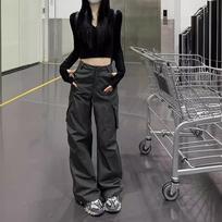 American Retro Gray Overalls New Street Loose Straight Wide-leg Trousers S tamsiai pilka spalva