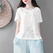 Chinese Style Retro Cotton and Linen Top for Women In Summer New Short-sleeved Round Neck Loose Large-size Casual T-shirt M balta