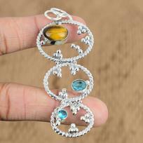 Mothers day Deal Oval Tiger's Eye Gemstone Swiss Blue Topaz Pendant 925 Silver