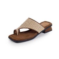Krazing Pot Hemp Straw Weaving Summer Size 40 Flip Flops Natural Skin French Chic Thick Heels Women Peep Toe Sandals 35