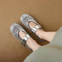Krazing Pot Microfiber Weaving Summer Size 41 Low Heels Shoes Women Square Toe Metal Buckle Gladiator Hollow Out Flats 35 sidabras
