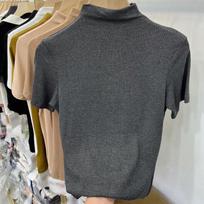 Semi-turtleneck solid color threaded elastic soft waxy short-sleeved T-shirt women's summer 2025 new slim-fit knitted bottoming shirt S juoda