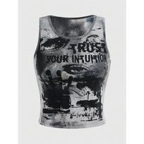 VAYLA Grunge Punk Dažytas Tiek Dažymu Akių Raidės Grafinis Topas Be Rankovių Moterims Vasariniai Y2K Drabužiai Laisvalaikio Apvalus Kaklas Trumpas Topas Liemenė Streetwear S tamsiai pilka spalva