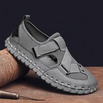 Men Baotou Sandals PU Spliced Mesh Flat Bottom Hollow Breathable Handsewn Soft Sole Comfortable Men Beach Sandals 38