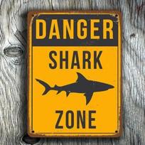DANGER Shark Zone Vintage Warning Metal Tin Sign  Retro Nautical Wall Decor  Rustic Yellow Plaque for Beach House Pool Man 20X30CM