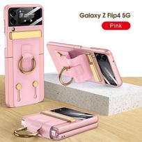 For Samsung Galaxy Z Flip 4 Case Ultra Thin Adjustable Wristband Ring Bracket With Mirror Film Ultra Thin Matte Shockproof Cover For Galaxy Z Flip 4 rožinė