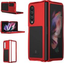 „Galaxy Z Fold 3“ metaliniam telefono dėklui, aliuminio smūgiams atspariam buferio rėmo dėklui, minkštam guminiam silikoniniam kariniam sunkiam dėklui for Galaxy Z Fold 4 raudona
