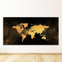 Abstraktaus drobės paveikslo skandinaviški plakatai ir spaudiniai sienos meno paveikslas svetainės dekoravimui Modernus juodos ir aukso pasaulio žemėlapis 60cm×150cm NoFrame