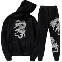 Dviejų dalių rinkinys laisvalaikio vilnonis sportinis kostiumas Dragon Oversized Hoodie Kostiumas Dragon Plus Velvet megztiniai su striuke. XS