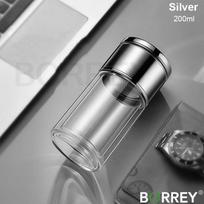 BORREY Dvigubo stiklo arbatos plikymo butelis su filtru, arbatos atskyrimas, aukštos kokybės stiklinis vandens butelis, nepralaidus, ekologiškas arbatos termosas Silver(200ml)