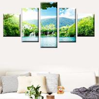 Sienos meno drobės tapyba Modular 5 Panel HD Print Lush Green Jungle Plakatas Paveikslėlis Spausdinti Gyvenamasis kambarys Miegamasis Namų apdaila Be rėmelio 20x35cm*2  20x45cm*2  20x55cm*1 blue