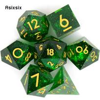 7 Pcs Green Golden Number Sharp Edge Resin Dice Polyhedral Dice Suitable for Role-Playing RPG    Board Game žalia