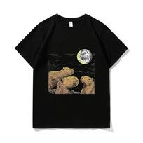 Three Moon Capybaras Shirt Sloth Ferret Lovers 2022 New Cute Animal Print Summer Short Sleeve Casual Loose Couple T-Shirt Simple L black
