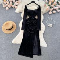 Elegant Square Neck Velvet Split Dress Women Solid Long Sleeve Chic Vintage Clothes Female Korean Fashion Ceremonial Midi Dresses 2024 S juoda