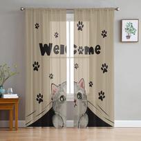 Cat Paw Retro Cute Window Curtains Sheer Chiffon Tulle Curtain Home Living Room Backdrop Decoration 135W x 114H(cm) gray