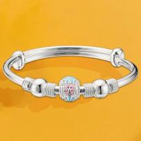 Zuyin 999.9 Enamel Dotted Beads, Small Flowers, Big Children's Pure Silver Bracelet, June 1st Birthday Gift for Elementary School Students, Handicraft Adjustable size