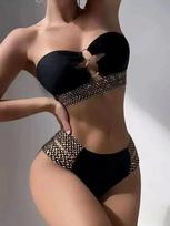 Juodas Bikinis Moterims Seksualus Maudymosi Kostiumėlis Moteriškas Aukštu Liemeniu 2 Dalių Maudymosi Kostiumėlis Vienspalvis Plaukiojimui Bandeau Maudymosi Kostiumėlis Paplūdimio Drabužiai S smėlis