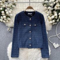 Graceful Jacket Retro Denim Coat Women Light Luxury Breasted Slim Fit Short Diamond Plaid Long Sleeve Cardigan Top Women S mėlyna