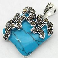 925 STERLING SILVER & MARCASITE INLAY NATURAL Turquoise PENDANT 20*20mm