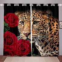 Gepardo užuolaidos leopardo raštas Romantiškas raudonų gėlių langų apdorojimas 3D gyvūnų kačių užuolaidos Šiuolaikinis gėlėmis dekoruotas miegamojo langas 100W160H(CM)40x63in&Grommet Top orange