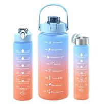 3PCS Set Sports Water Bottle Frosted Plastic Large Capacity Straw Cup Portable Gradient Color Drinkware Travel Gym Fitness Jugs 300-800-2000ml blue