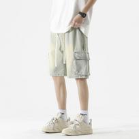 Men's Pocket Design In Yellow Mud Color with Drawstring Workwear Jeans, Men's Casual Elastic Waist Five Piece Pants, Spring and Summer XXXL black